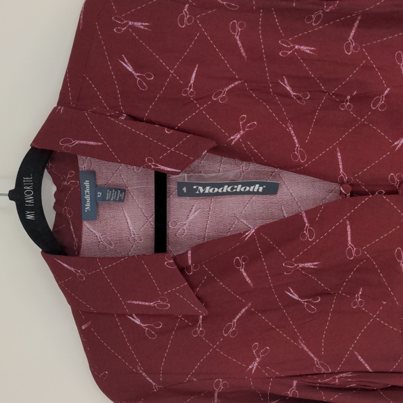 Modcloth A Cut Above Average Shirt Dress Size 12 Burgundy Scissors Hair Stylist‎ - Picture 4 of 16
